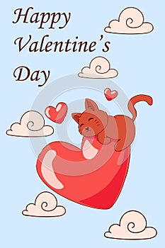Happy valentine day. Cute funny lazy kitten laying on heart. Clouds in blue sky. Greeting card. Amour and romance