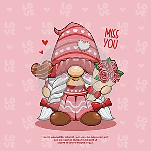 Happy Valentine Day With Cute Gnome And Flower, Cartoon Illustration