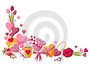 Happy Valentine Day decoration. Holiday background with romantic and love symbols.