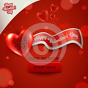 Happy Valentine Day Discount Offer Online Shop Banner. Sale Promo Poster in Red Heart Advertising Element Template photo