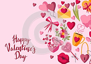 Happy Valentine Day greeting card. Holiday background with romantic and love symbols.