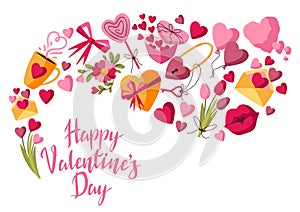 Happy Valentine Day greeting card. Holiday background with romantic and love symbols.