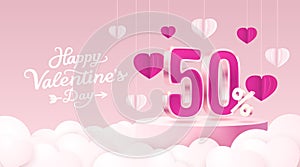 Happy Valentine day, Mega sale, special offer, 50 off sale banner. Sign board promotion. Vector illustration