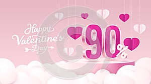 Happy Valentine day, Mega sale, special offer, 90 off sale banner. Sign board promotion. Vector illustration