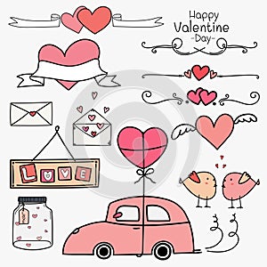 Happy Valentine Day. Set Of Doodle Valentine Day Ornaments And Decorative Elements Pink Concept.