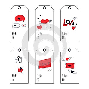 Happy valentine day tags for presents with hand drawn elements, blankspace for text, love you, wedding gift tags