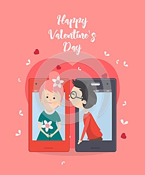 Happy Valentine Day vector illustration with kiss. Selfie of young couple in love. Pink template. Phone dating