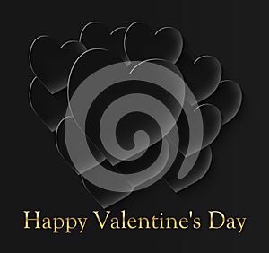 Happy valentine`s day with 12 black hearts on a black background and the inscription in gold color