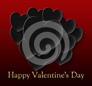 Happy valentine`s day with 12 black hearts on a red gradient background and gold lettering