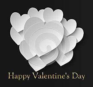 Happy valentine`s day with 12 white hearts on a black background and the inscription in gold color