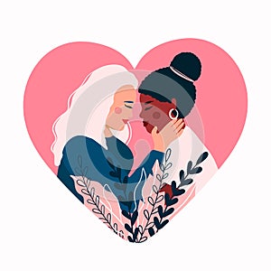 Happy Valentine`s Day.14 February.Lesbian couple in love. Flat Vector illustration