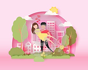 Happy Valentine`s day 3d abstract paper cut illustration of colorful paper art landscape with paper cut couple, big city