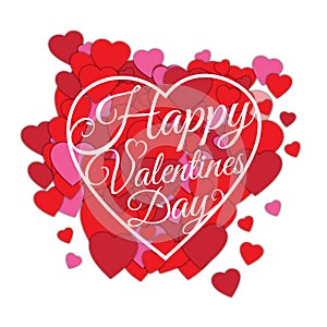 Happy Valentine s day abstract romantic background with many cut paper hearts and text in heart frame isolated on white