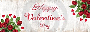 Happy Valentine`s Day background banner panorama - bunch bouquet of red roses and hearts isolated on rustic bright white vintage