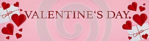 Happy Valentine`s day background banner panorama long greeting card - White envelope with white red ribbon and red hearts isolate