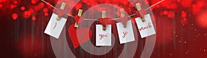 Happy Valentine`s Day background banner panorama long - White paper note hang on wooden clothes pegs with wooden hearts on a