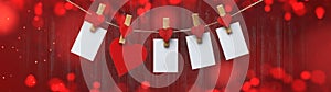 Happy Valentine`s Day background banner panorama long - White paper note hang on wooden clothes pegs with wooden hearts on a