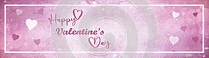 Happy Valentine`s Day background banner panorama - Pink hearts isolated on abstract pastel texture, with white frame and bokeh