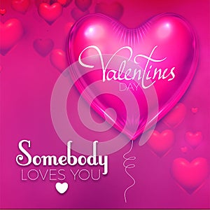 Happy Valentine`s Day Background with Colorful and Glossy Pink Foil Heart Balloons. Vector illustration