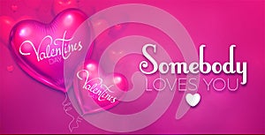 Happy Valentine`s Day Background with Colorful and Glossy Pink Foil Heart Balloons. Vector illustration