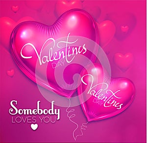 Happy Valentine`s Day Background with Colorful and Glossy Pink Foil Heart Balloons. Vector illustration