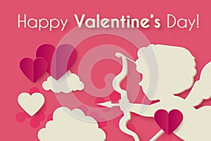 Happy Valentine s day background with Cupid, hearts and clouds. Cute papercut design