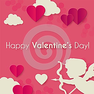 Happy Valentine s day background with Cupid, hearts and clouds. Cute papercut design