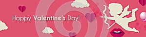 Happy Valentine s day background with Cupid, hearts and clouds. Cute papercut design