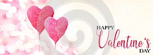 Happy Valentine`s Day background greeting card - Two pink heart balloons and lettering with bokeh lights isolated on white light