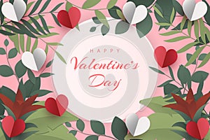 Happy valentine\'s day background hearts, flowers and leaves with paper cut style