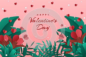 Happy valentine\'s day background hearts, flowers and leaves with paper cut style