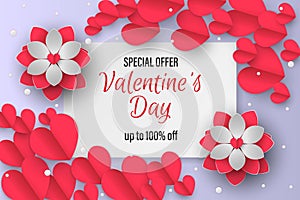 Happy valentine\'s day background hearts and flowers with paper cut style