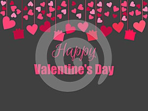 Happy Valentine`s Day. Background with hearts and gifts. Hanging hearts. Vector