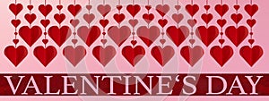 Happy Valentine`s Day background panorama greeting card template - Banner and red hanging hearts isolated on pink paper texture