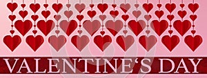 Happy Valentine`s Day background panorama greeting card template - Banner and red hanging hearts isolated on pink paper texture