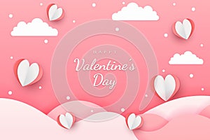 Happy valentine's day background paper cut hearts style and element with white and pink color