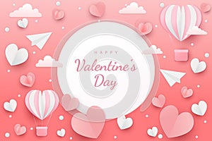 Happy valentine's day background paper cut hearts style and element with white and pink color