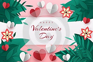 Happy valentine\'s day background paper cut style with hearts, flowers and leaves