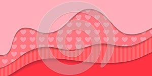 Happy Valentine`s Day Background. Red vector greeting illustration with heart and stripe pattern, paper art design