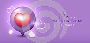 Happy Valentine`s day banner with a Creative pin heart shape, love symbols on purple background. Vector.