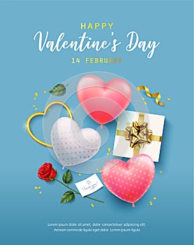 Happy Valentine's Day Banner, flyer, poster, greeting card with realistic design elements, gift box, metal hearts