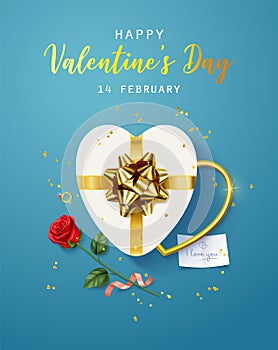 Happy Valentine's Day. Banner, flyer, poster, greeting card with realistic design elements, gift box, metal hearts,rose