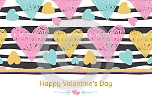 Happy Valentine`s Day banner. Greeting card. Love. Gold and pink colors. Hand drawn hearts. Design for February 14