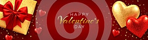 Happy Valentine`s Day banner or header website. Realistic gift box with red bow, and shining red and gold 3d balloons hearts with