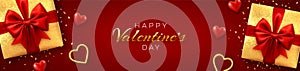 Happy Valentine`s Day banner or header website. Realistic gift boxes with red bow, and shining red and gold 3d balloons hearts