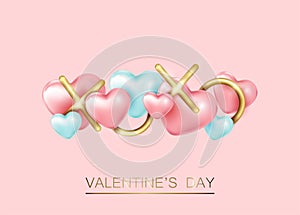 Happy Valentine's Day banner. Holiday background with pink and blue hearts, gold realistic XO . Crealive Valentine day