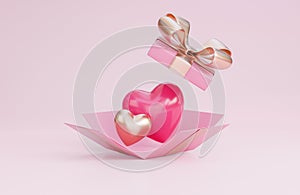 Happy valentine`s day banner with open gift box, 3d hearts and romantic valentine decorations on pink background.,3d model and