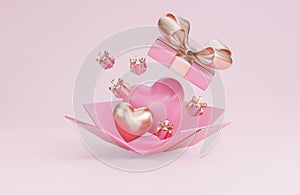 Happy valentine`s day banner with open gift box, 3d hearts and romantic valentine decorations on pink background.,3d model and