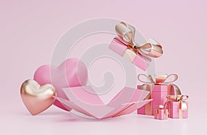 Happy valentine`s day banner with open gift box, 3d hearts and romantic valentine decorations on pink background.,3d model and