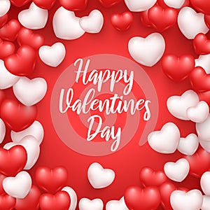 Happy Valentine s Day banner realistic red and white hearts border vector illustration